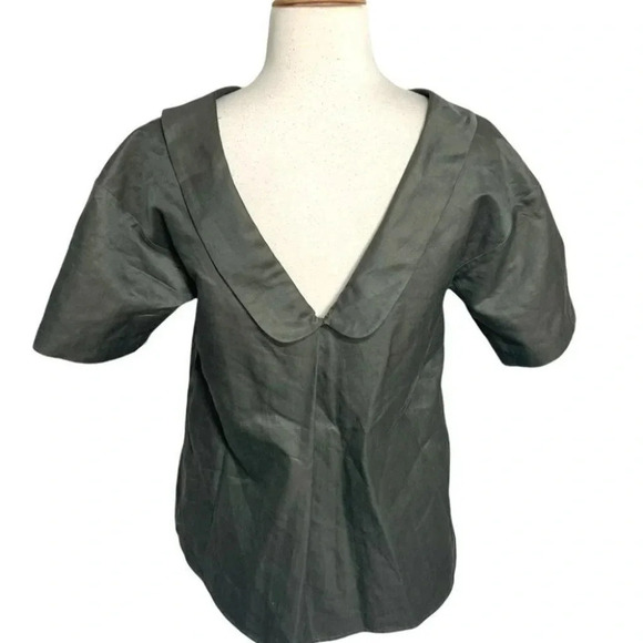 Thakoon 8 green cotton silk blend rolled collar V back smock top - Picture 5 of 8